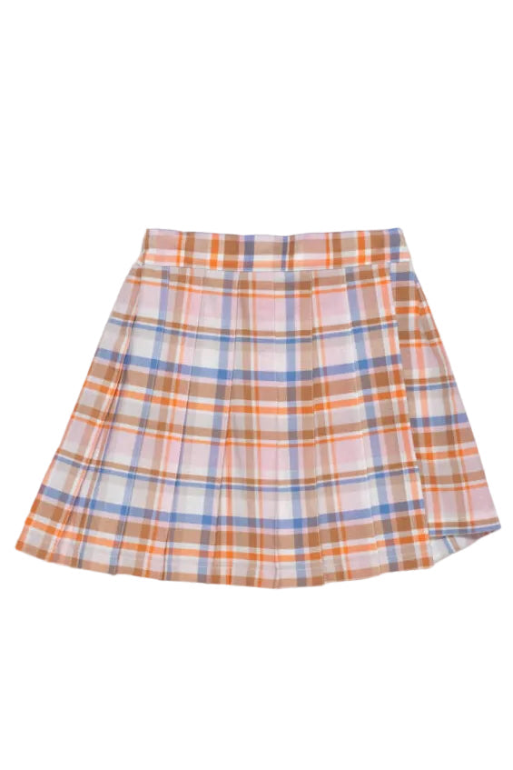 Plaid skirt with orange, pink, and blue pattern on a light gray background