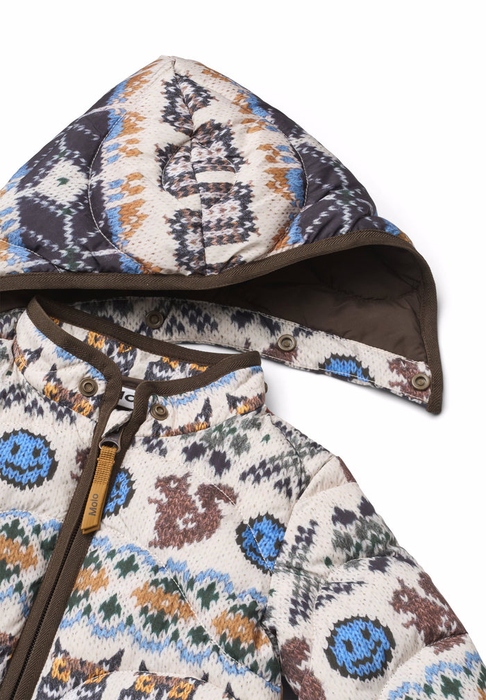 Hoodie with a patterned hood and front design on a white background