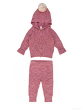 A baby knit three-piece outfit set in heathered dusty rose pink, featuring a hooded cardigan with a pom-pom, a matching long-sleeve top, and matching pants, displayed flat against a white background.