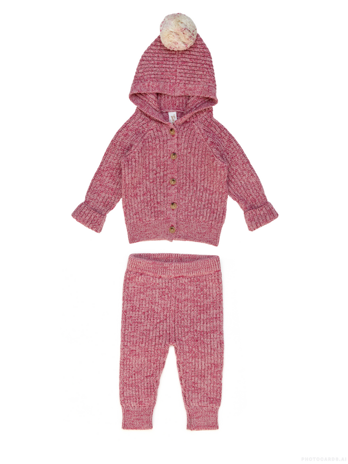 A baby knit three-piece outfit set in heathered dusty rose pink, featuring a hooded cardigan with a pom-pom, a matching long-sleeve top, and matching pants, displayed flat against a white background.
