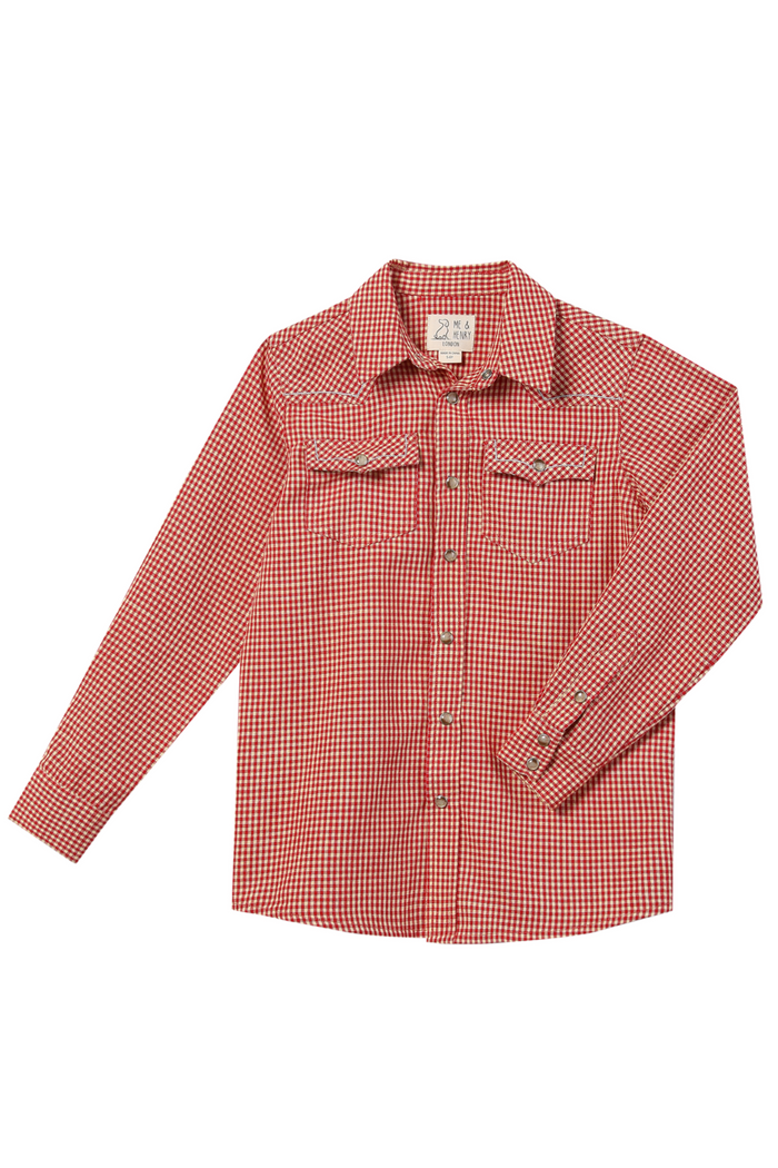 Red and cream micro plaid western shirt.