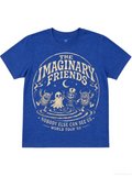 A heather blue short-sleeve t-shirt with a distressed cream-colored graphic on the front reading 'THE IMAGINARY FRIENDS' and 'NOBODY ELSE CAN SEE US - WORLD TOUR '86'.