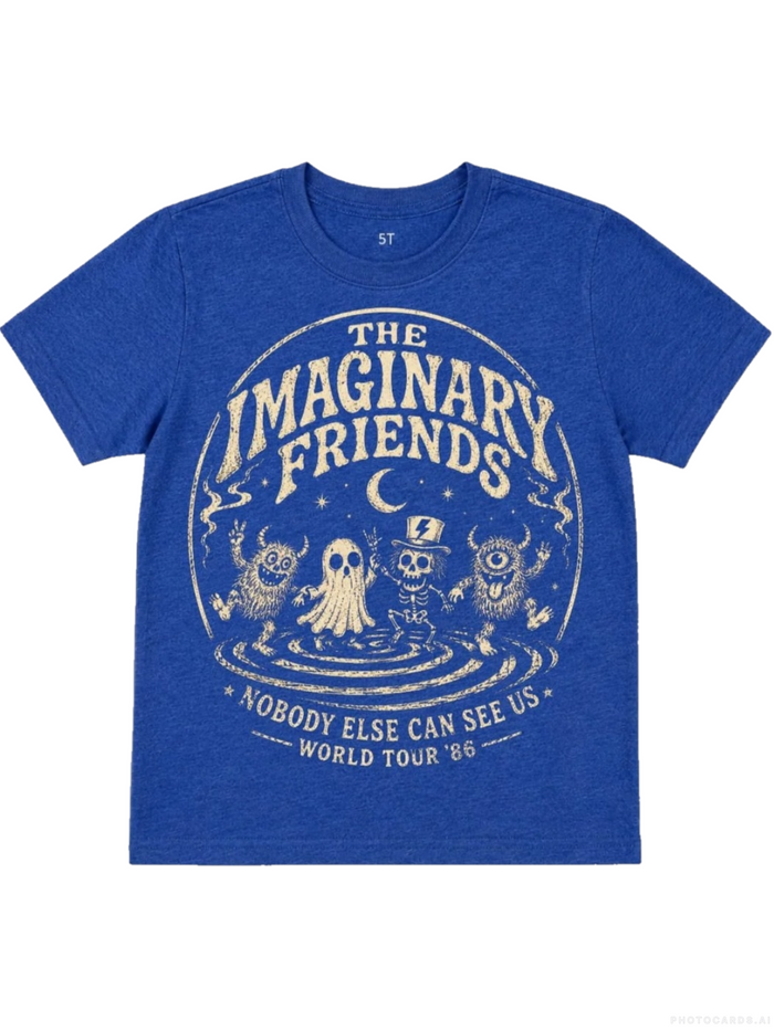 A heather blue short-sleeve t-shirt with a distressed cream-colored graphic on the front reading 'THE IMAGINARY FRIENDS' and 'NOBODY ELSE CAN SEE US - WORLD TOUR '86'.