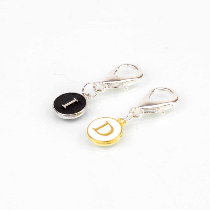 Increase and Decrease reminder clip markers with I and D letter charms on lobster claw clasps