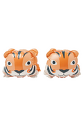 Pair of tiger-shaped arm floaties on a white background