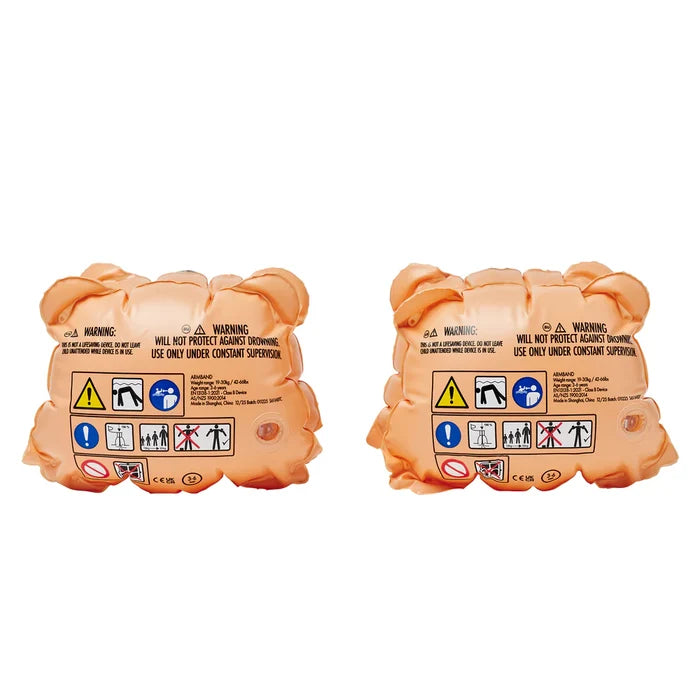 Pair of tiger-shaped arm floaties on a white background