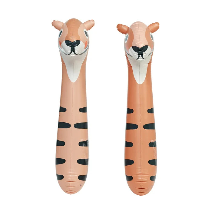 Two inflatable tiger-shaped handles on a white background