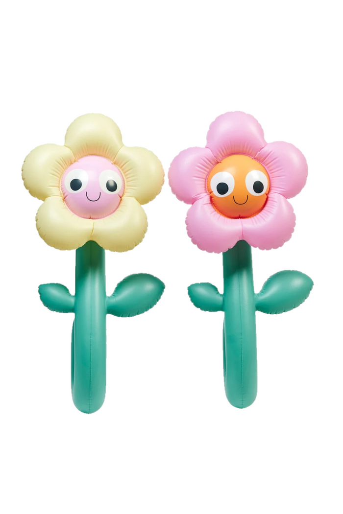Two cartoon-style flower pool noodles with smiling faces on a white background