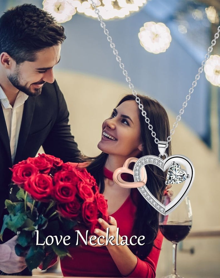 Interlocking Hearts Crystal Pendant Necklace | Elegant Two-Tone Gift