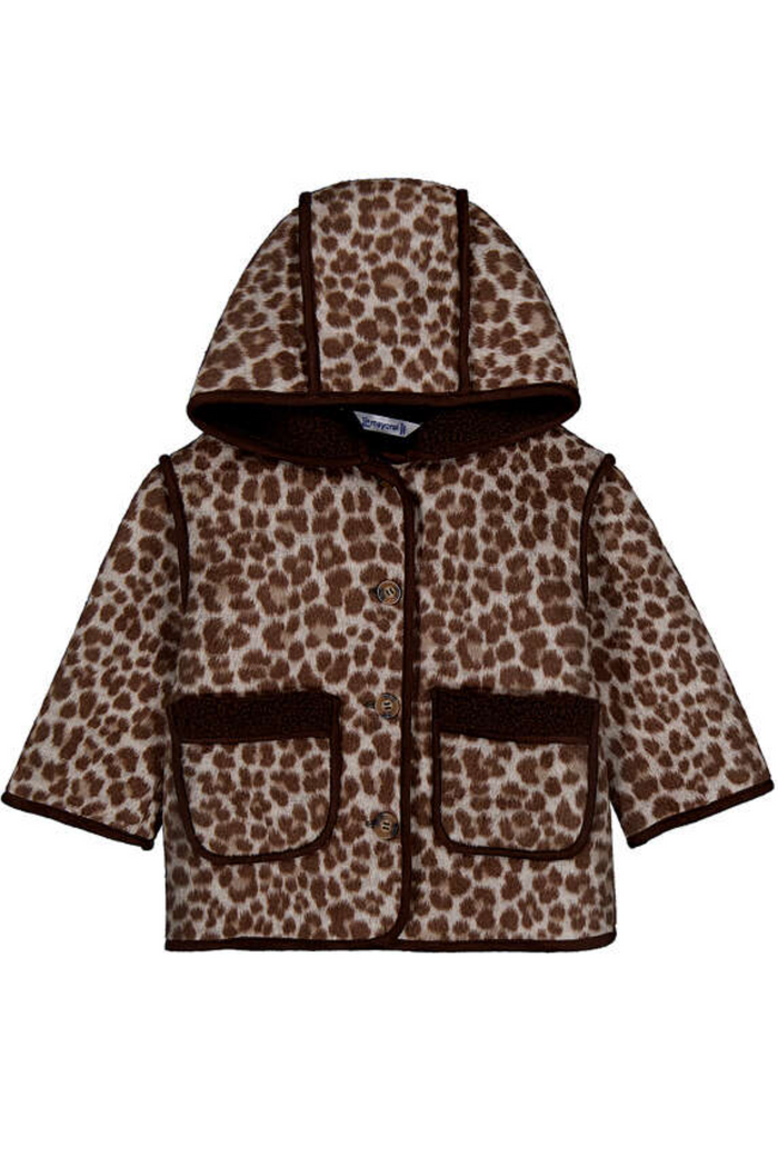 Leopard print jacket with brown accents on a white background