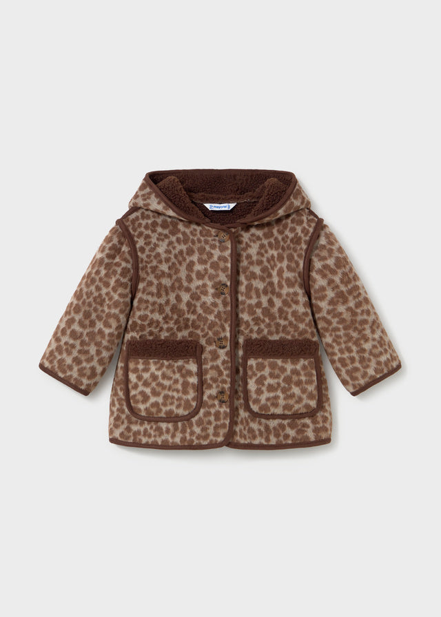 Children's jacket with leopard print pattern on a light gray background