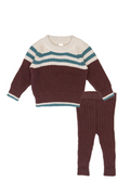Knitted sweater and leggings set with horizontal stripes on a white background
