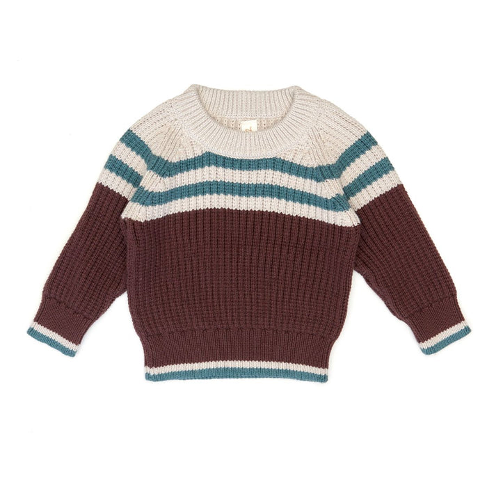 Knitted sweater with horizontal stripes in brown, blue, and white on a white background