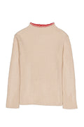 A ribbed knit long-sleeve mock neck sweater in a light beige or cream color, featuring a distinctive red and white patterned trim along the collar, shown against a plain white background.