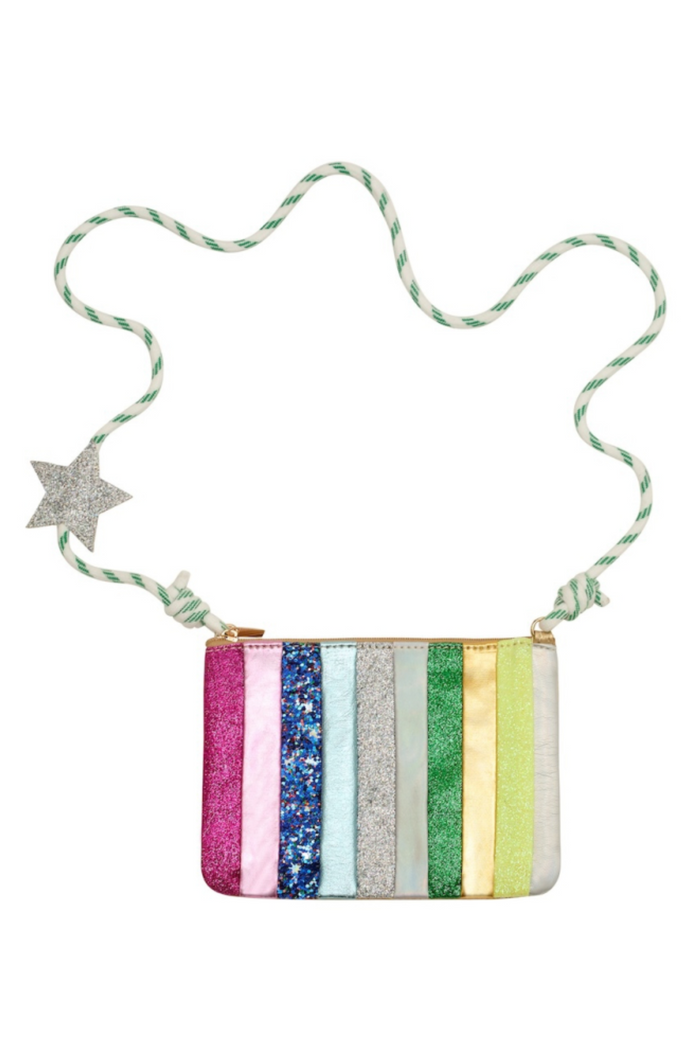 A small rectangular crossbody bag with vertical glittery stripes in pink, blue, silver, green, and yellow, featuring a light green and white rope strap with a silver star charm, shown on a plain white background.