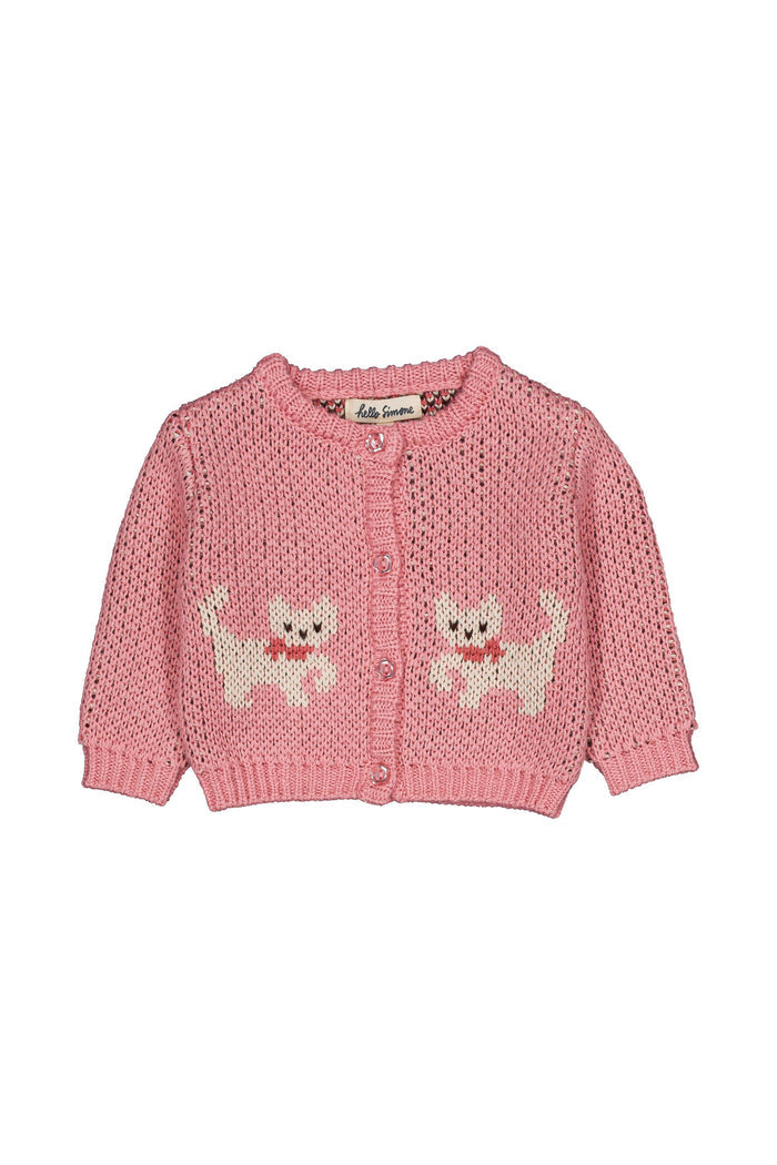 A pink knit cardigan sweater for babies, featuring two white knitted cat motifs wearing red bows on the front, set against a plain white background.