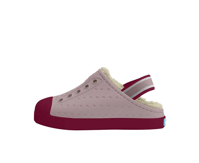 Pink and red slip-on shoe with a white sole on a light gray background