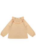 Beige blouse with ruffled collar on a white background