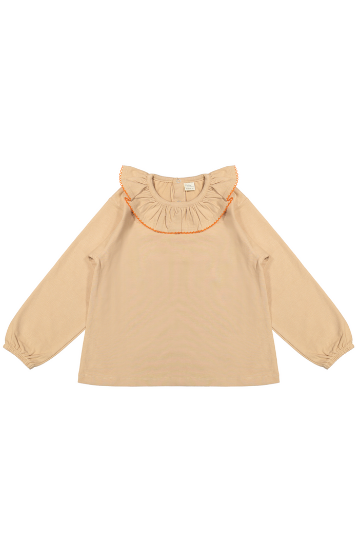 Beige blouse with ruffled collar on a white background