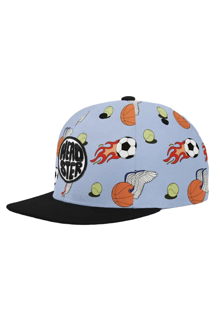 Colorful cap with sports-themed design on a light blue background
