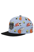 Colorful cap with sports-themed design on a light blue background