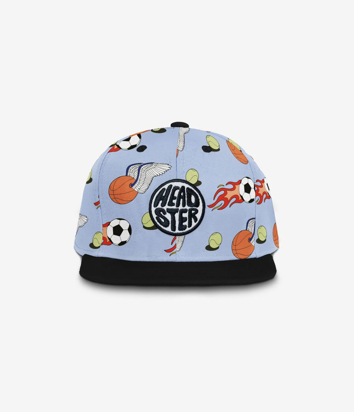 Colorful cap with sports-themed design and 'HEADSTER' logo on a light blue background