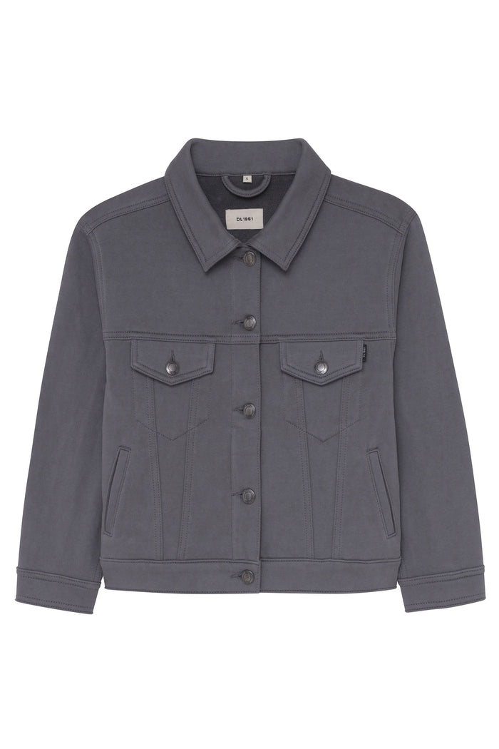 Gray jacket with button details on a white background
