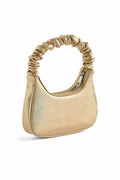 Gold handbag with a textured handle on a white background
