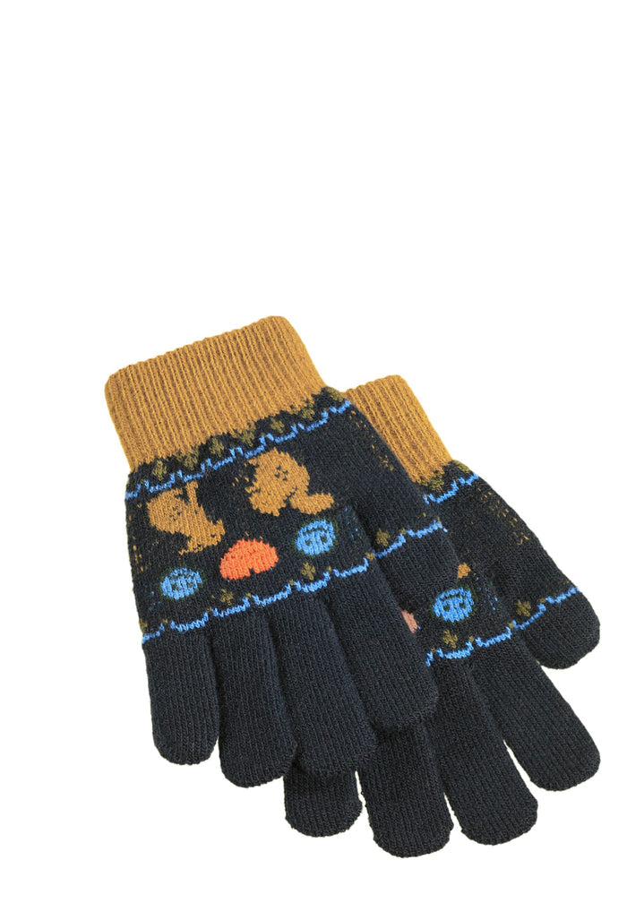 Pair of navy gloves with brown cuffs featuring fair isle designs on a white background