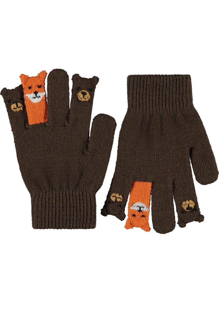 Pair of brown gloves with fox and bear themed finger tips on a white background