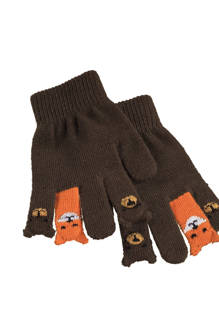 Pair of brown gloves with orange accents on a white background