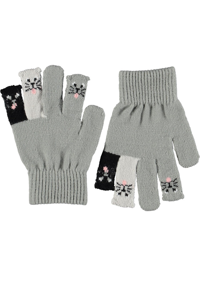 Pair of gray gloves with black and white cat design on a white background