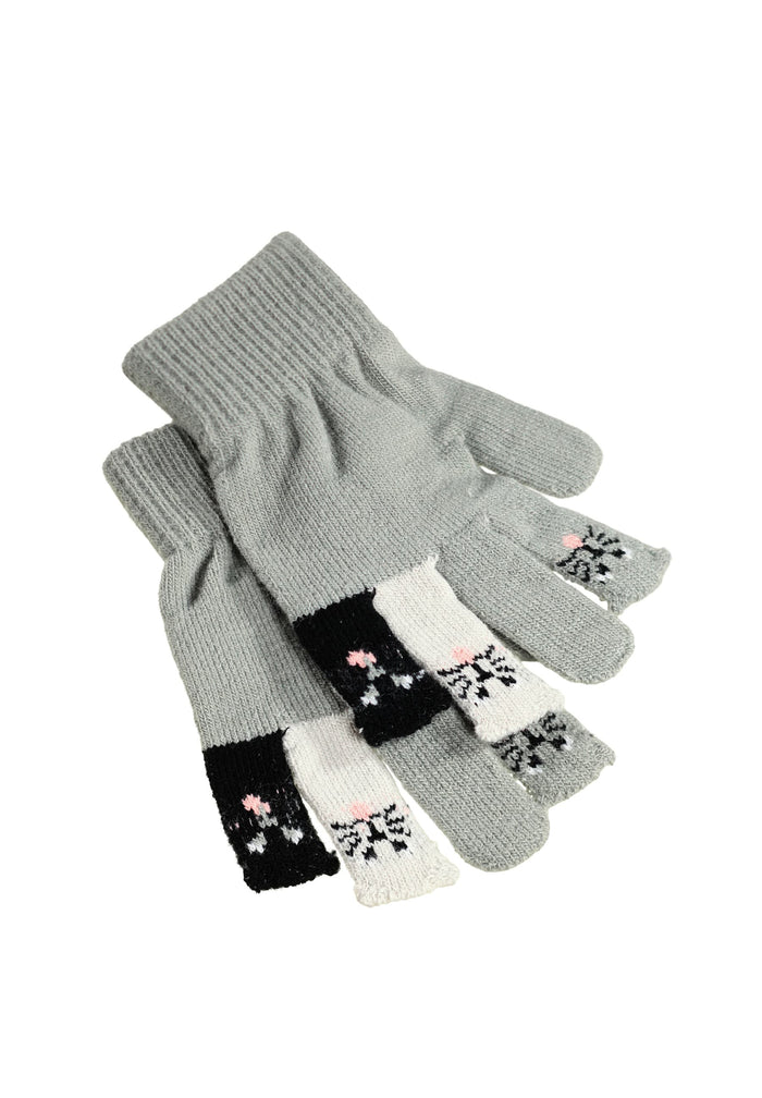 Pair of gray gloves with kittens on a white background