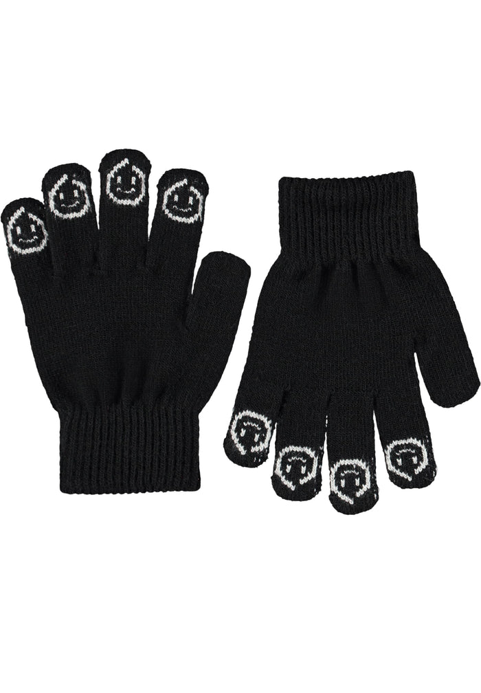 Black gloves with smiley face designs on the tips of each finger on a white background