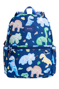 Blue backpack with dinosaur pattern on a white background