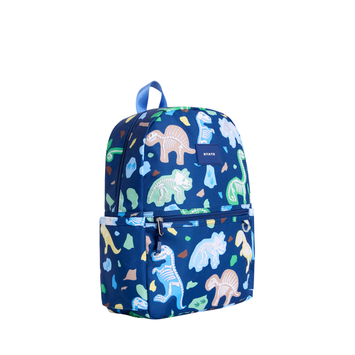 Backpack with dinosaur pattern on a white background