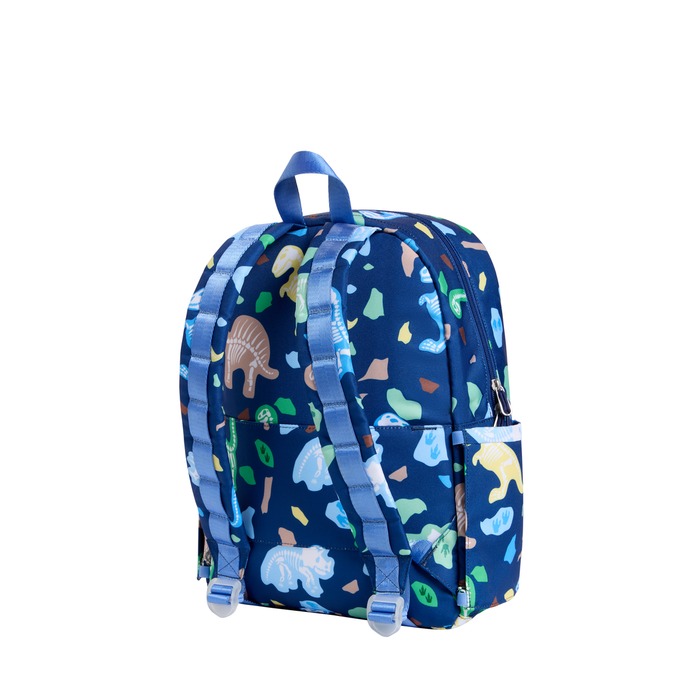 Children's backpack with a colorful dino pattern on a white background