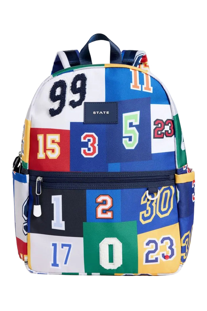 Multicolored backpack with numbers and letters on a white background