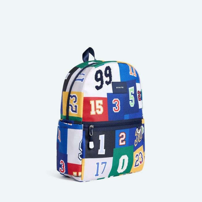 Multicolored backpack with various numbers and letters on a white background