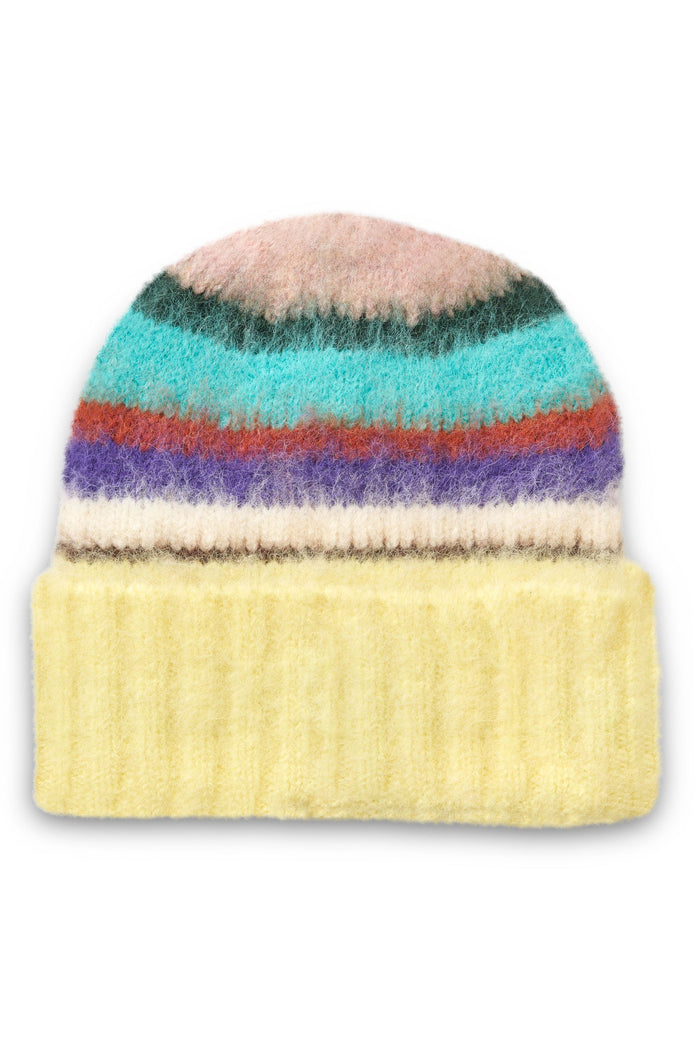 Colorful striped beanie with a yellow base on a white background