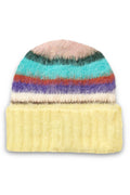 Colorful striped beanie with a yellow base on a white background