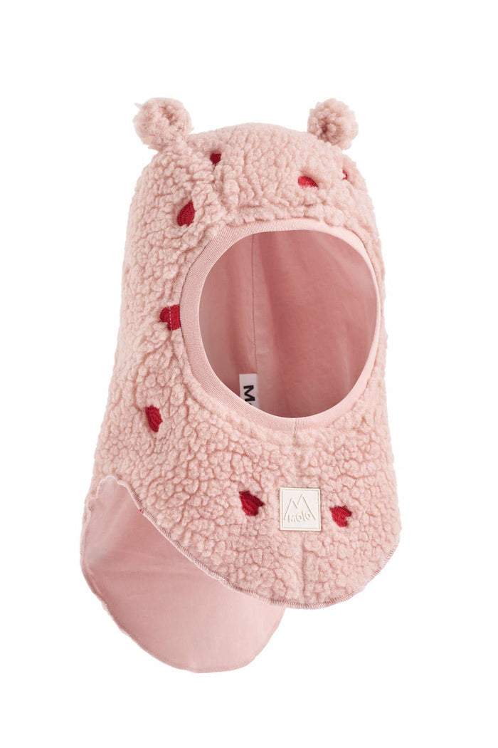 Pink baby balaclava with animal ears and embroidered hearts on a white background
