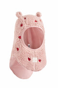 Pink baby balaclava with animal ears and embroidered hearts on a white background