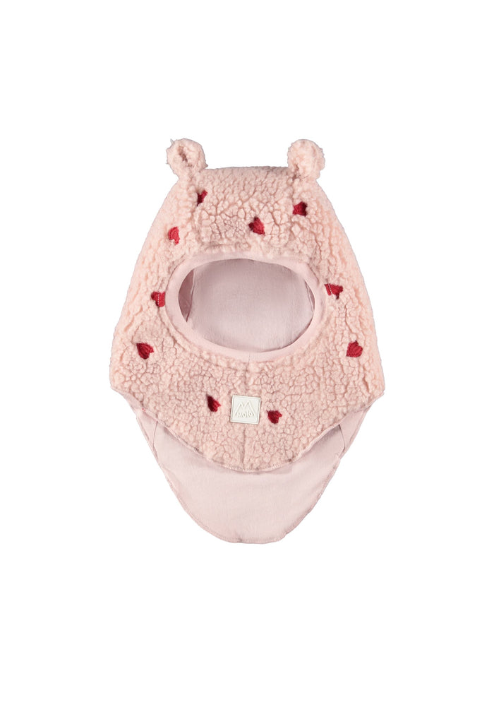Pink baby balaclava with animal ears and embroidered hearts on a white background