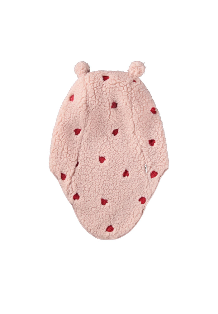 Pink baby balaclava with animal ears and embroidered hearts on a white background