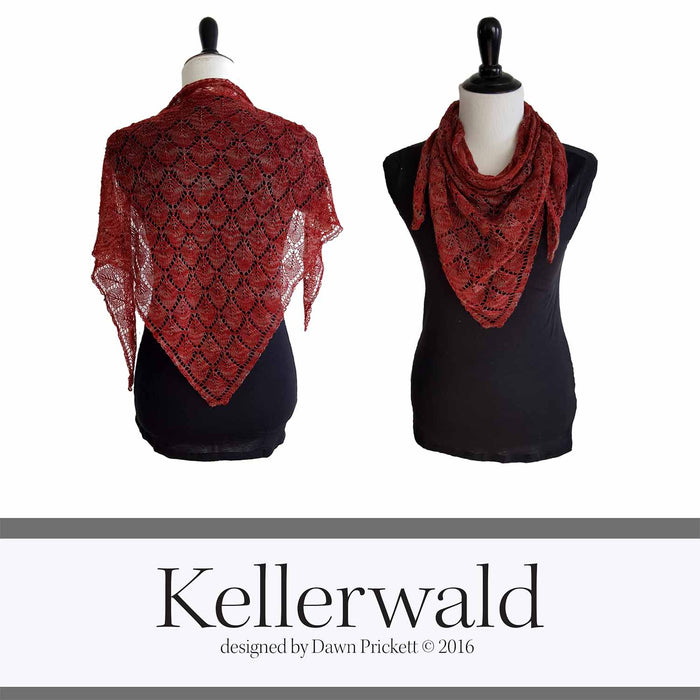 Kellerwald Shawl pattern cover showing back and front views on a dress form — a rust-red triangular lace shawl with repeating diamond motif, worn over a black top. Title reads Kellerwald designed by Dawn Prickett © 2016