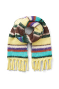 Multicolored striped scarf with fringes on a white background