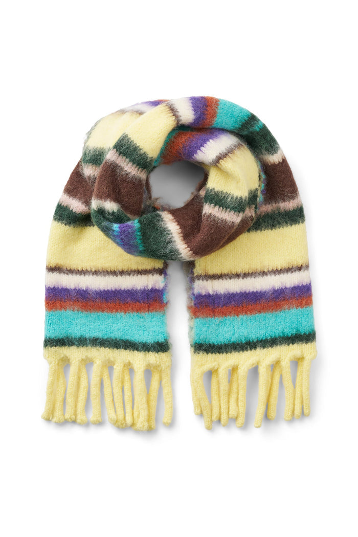 Multicolored striped scarf with fringes on a white background