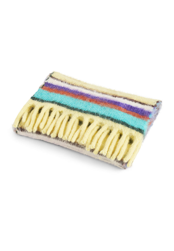 Multicolored scarf with fringes on a white background