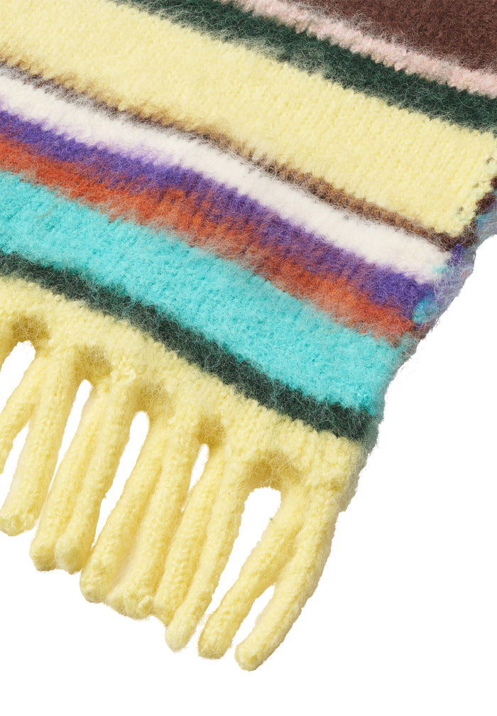 Close-up of a colorful striped scarf with fringes on a white background